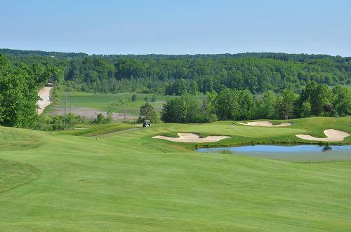 The image is of a green golf course with a bright blue sky. 